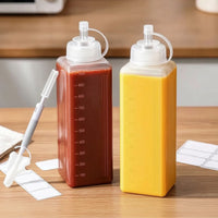 2 Pieces Graduated Condiment Press Bottle with Wide Mouth Clear Press Bottle with Nozzle Rectangular Container Refillable for Home Cooks, Grill Masters, Kitchen Organization, Barbecue, Meal Prep
