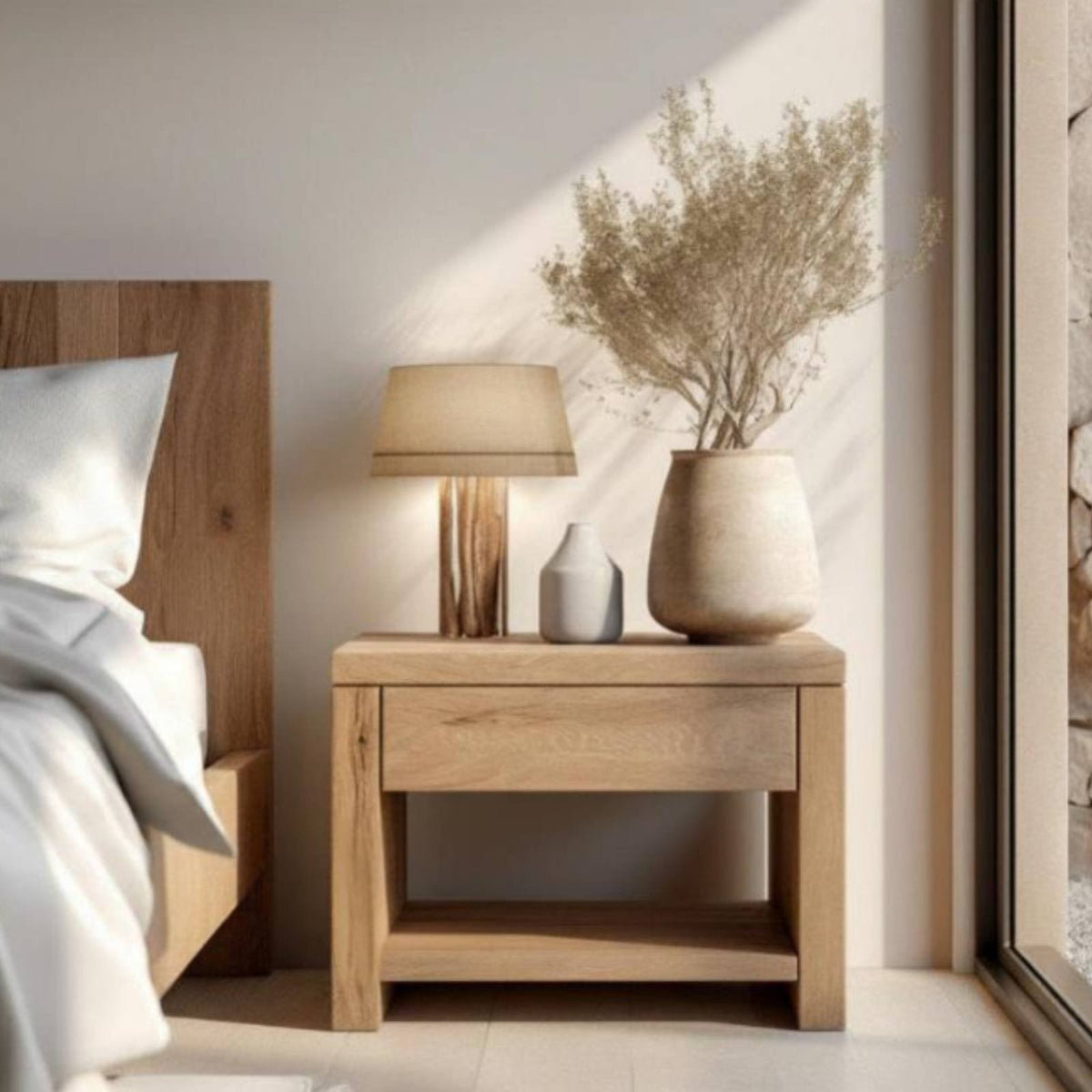 Wabi-Sabi Aesthetic Bedside Nightstand Distressed Finish Side Table Minimalist Design Small Cabinet Single Door Storage for Homeowners, Bedroom, Hotel, Guest Room
