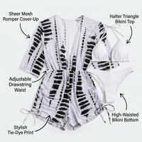 Swimsuit for Girls and Womens Bikini Sets for Water Sports, Three Piece Long Sleeve Printed Design with Mesh Detailing