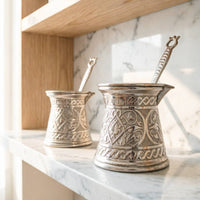 Embossed Floral Turkish Coffee Pot Decorative Handle Ornate Coffee Pot Induction Compatible Cookware Flared Rim for Ceramic Cooker, Gas Cooktop