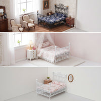 Dollhouse Bed with Mattress Wrought-Iron Style Miniature Double Bed Furniture Vintage Ornate for Doll Lovers