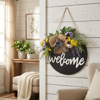 Wooden Welcome Sign, Entryway, Stylish Sign Plate, 30cm Round, Floral Pattern