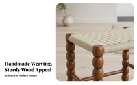 sturdy Wood Frame Woven Top Wooden Stool Nordic aesthetic Low Wooden Stool Minimalist Design Footrest Multifunctional for Homeowners, Renters, Children, Entryway, Living Room, Hallway, Bedroom