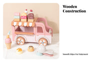 Wooden Dessert Cart Pink and White Dessert Cart Toy Striped Awning for Role-Play, Display