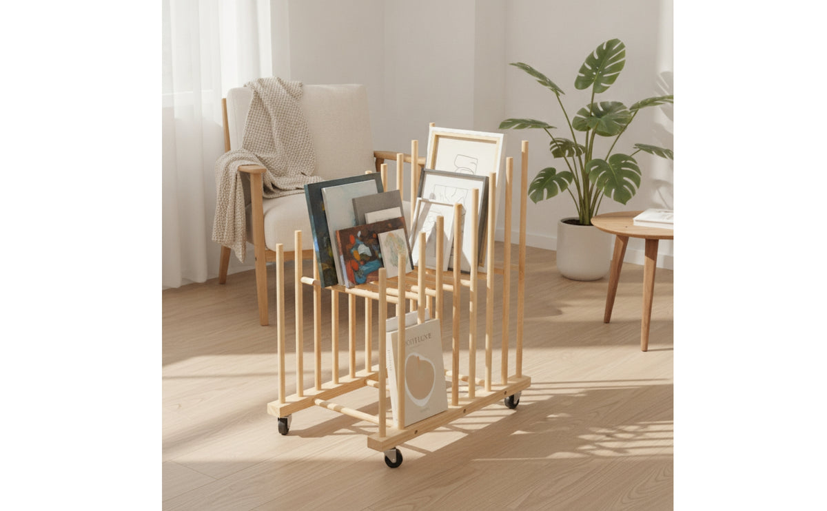 Wooden Painting Board Rack with Wheels Slotted Art Storage Rack with Wheels Space-Saving Portable for Painters