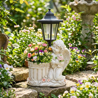 Angel Statue with Solar Lantern Outdoor Garden Figurine Planter Decorative Garden Statue with Lantern for Homeowners, Yard, Patio