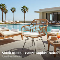 4 Pieces Woven Armchair and Table Set Strengthened Glass Tabletop 3-Piece Wicker Seating Group Weather-Resistant Outdoor Furniture for Balcony, Garden