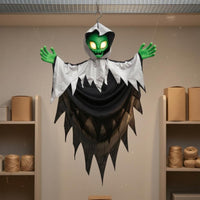 Halloween Hanging Alien Decoration Green Face Sound-Activated Hanging Prop Hooded Ghost Figure Glowing Eyes Spooky Ghost Prop
