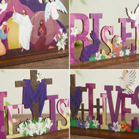 4 Pieces Wooden Easter Table Sign Colorful Design Easter Centerpiece Set Sturdy Wood Christian Wooden Sign for Holiday Decorators, Tiered Tray, Shelf
