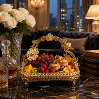European-Style Glass Fruit Tray with Metal Frame Ornate Decorative Serving Tray with Handle Footed Clear for Home Decorators, Hosts, Tea Table, Hotel Reception