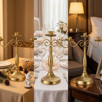 3-Candle Candelabra Gold-Tone Three-Arm Candelabra Candlestick Holder with Three Cups Tabletop Taper Candle Holder Vintage-Style