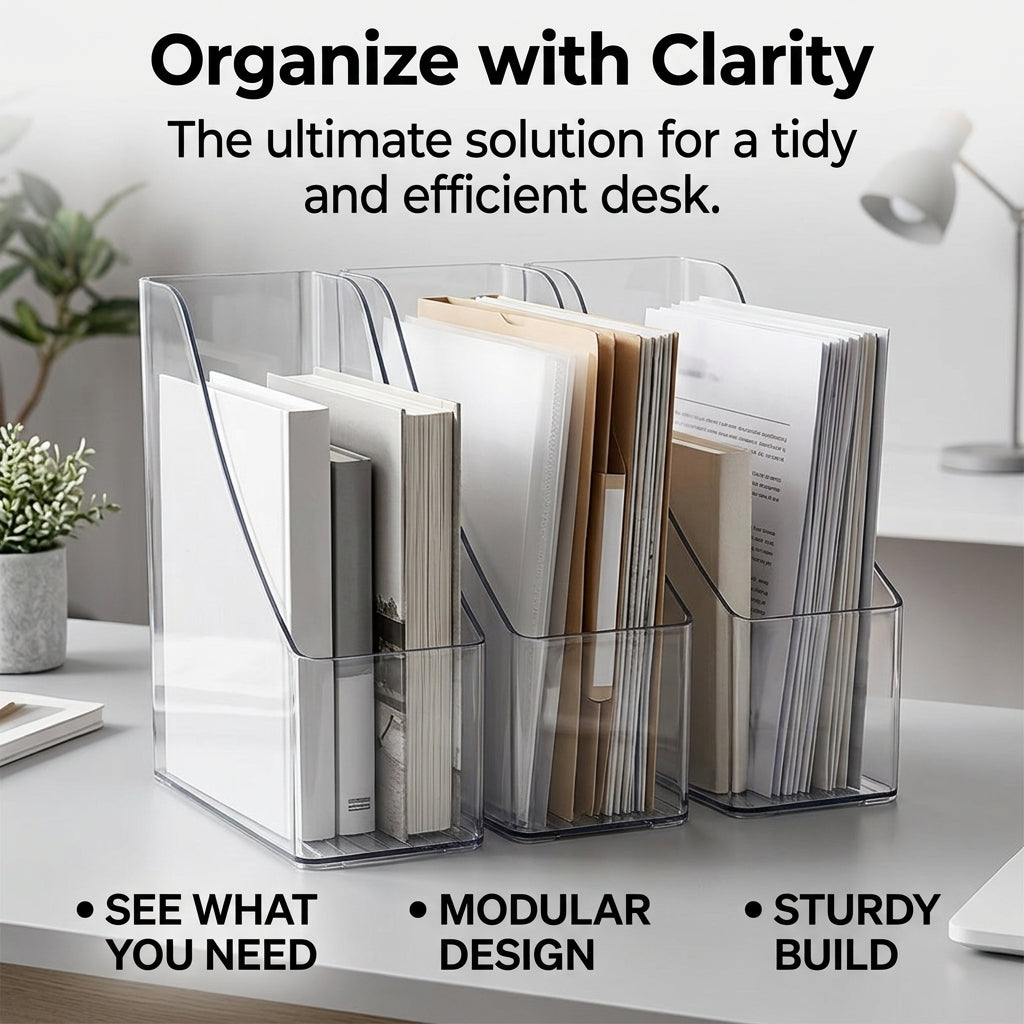 File Organizer for Desk and Study Table, Clear Acrylic Desktop Document Holder for Students, Transparent Book Stand for Workspace Organization