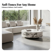 Wabi-Sabi Aesthetic Round Drum Table Minimalist Design Living Room Furniture Faux Travertine Finish Rounded Edges for Interior Designers, Apartment Dwellers, Families with Children, Small Areas, Lounge Area, Home Office, Bedroom