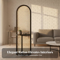 Freestanding Design Arched Woven Divider with Shelf Portable Arched Rattan Partition Japandi Design Privacy Screen Light-Filtering for Apartment Dwellers, Homeowners, Renters, Living Room, Entryway, Bedroom, Away Ice