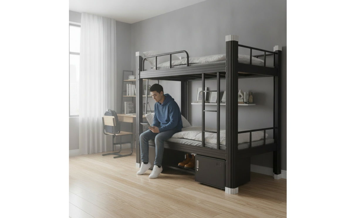 Heavy Duty Steel Bunk Bed Space Saving Bunk Bed with Cabinet Secure Furniture Surrounded for Shared Bedroom, Studio Apartment