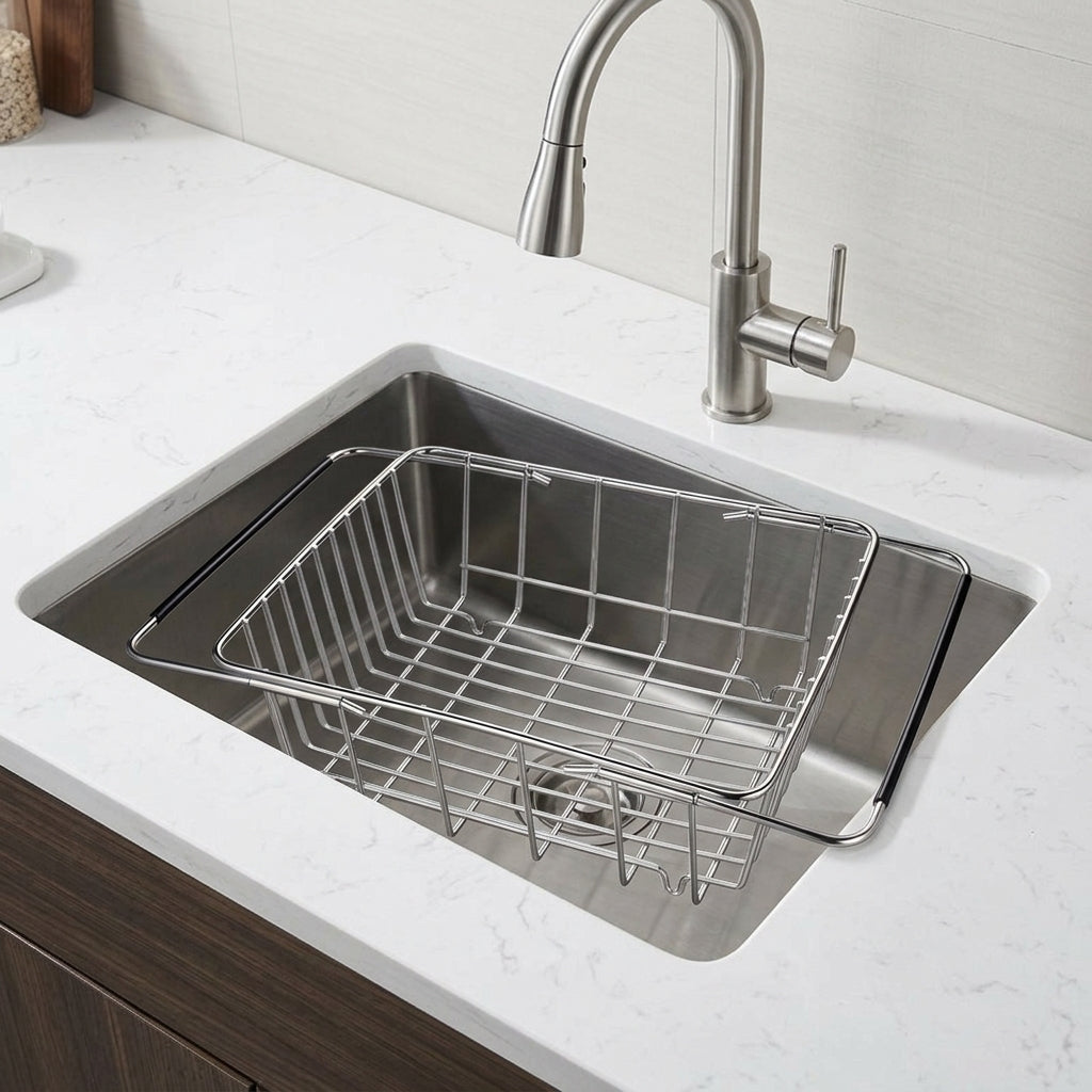 Extendable Dish Rack and Stainless Steel Dish Drainer, Over the Sink Dish Rack for Space-Saving Kitchen Sink Organizer, Modern Minimalist Style