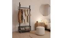 Rolling Clothes Rack with Basket Heavy Duty Freestanding Garment Rack with Hooks Mobile Design Style Coat Tree for Living Room, Entryway