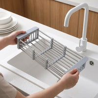 Telescopic Drain Basket Kitchen Sink Drainer, Stainless Steel Dish Rack with Utensil Holder, Space Saving Sink Organiser for Vegetables
