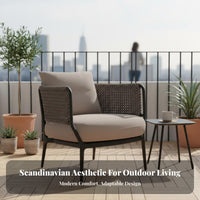 Nordic Design Woven Patio Armchair Includes pad paded Patio Armchair Weather-Resistant Outdoor Furniture Sturdy Frame for Homeowners, Adults, Hotel Owners, Balcony, Courtyard, Garden, Porch
