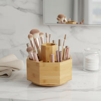Rotating Bamboo Organizer Multi Compartment Rotating Pen Holder Large Capacity 360 Degree Pen Holder for Office, Vanity