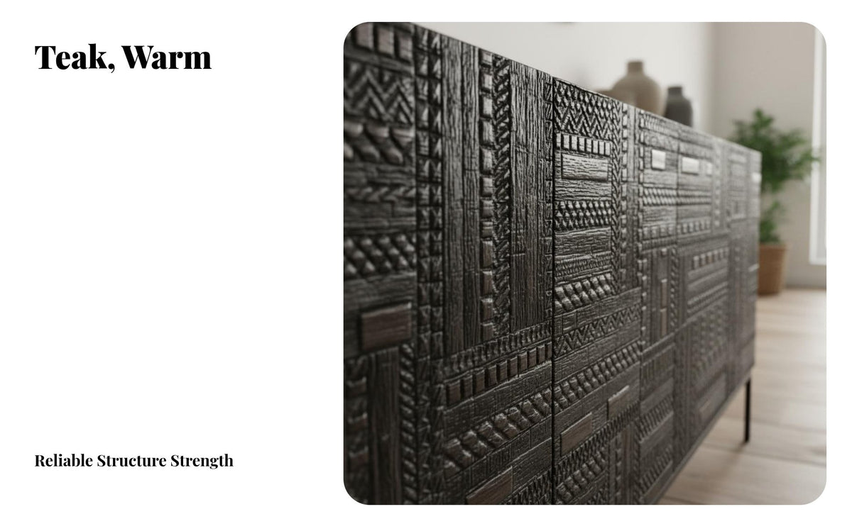 Wooden Sideboard Cabinet Versatile Use Carved Wood Cabinet 3D Textured Surface Teak Wood Console for Homeowners, Art Lovers, Bedroom, Hallway