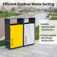 Sorting Waste Bin, Public Recycling Bin, Freestanding Outdoor Litter Bin, Brushed Stainless Steel, 0.8 mm Thick