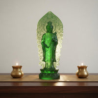 Serene Design Standing Amitabha Buddha Figurine Oriental Aesthetic Resin Buddha Statue with Backplate Exquisite Craftsmanship Religious Decor for Meditation Practitioners, Feng Shui Followers, Mindfulness Enthusiasts, Altar, Bookshelf, Office Desk