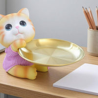 Gold-Colored Seated Cat Organizer Textured Cat-Shaped Storage Tray Metallic-Finish-Looking House Decoration Small-Item for Desktop, Entryway