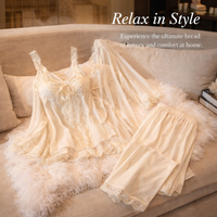 Lace Trim Ladies Pajamas Set with Long Sleeve Robe and Full Length Pants, Three Piece Womens for Home Bedroom Wear, Ice Silk Polyester