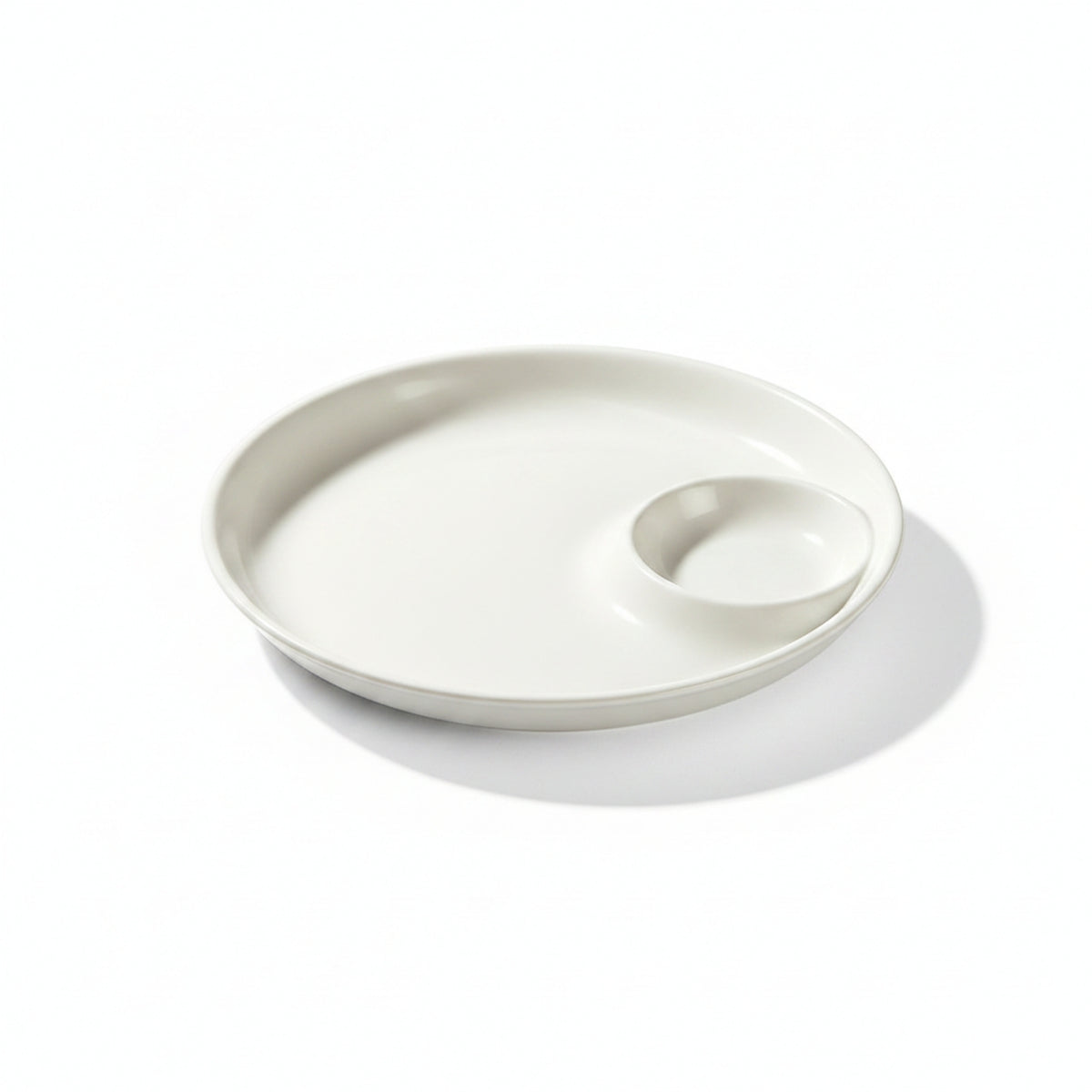 White Dumpling Plate with Sauce Dish Glossy Plate with Dipping Bowl Raised Rim 3 Compartment Snack Dish Integrated Piece