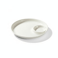 White Dumpling Plate with Sauce Dish Glossy Plate with Dipping Bowl Raised Rim 3 Compartment Snack Dish Integrated Piece