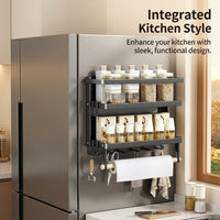 Cabinet Fridge Organizer, Foldable Carbon Steel Refrigerator for Dorm Room Students, No-Drill Side Rack with Hooks, Multi-Layer Kitchen Storage Shelf