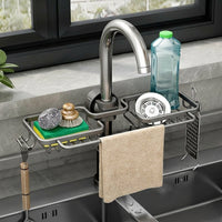 Kitchen Sink Organizer Faucet Shelf with Two Sponge Holders and Dishwashing Rack, Lightweight aluminum Over Faucet Sink Tidy with Towel Bar Clamp