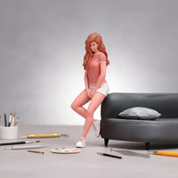 Highly Detailed Woman in Shorts Figure Lifelike Design Sitting Woman Figurine Resin Material Painted Female Miniature for Miniature Scene Builders, Hobbyists, Dioramas, Desktop Decoration