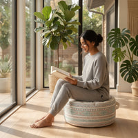 Cotton Floor Cushion with Handle Geometric Floor Ottoman Portable Round Pouf Padded for Living Room, Reading Corner