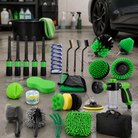 Green Car Cleaning Kit Drill Brush Wheel Detailing Wash Mitt Extension Rod Towel