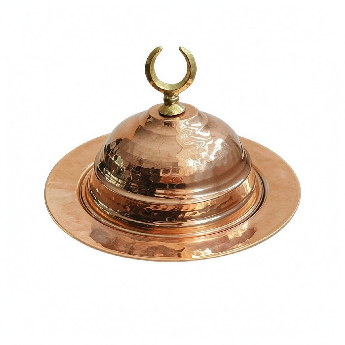 Crescent-Shaped Knob Turkish Serving Plate Hand-Crafted Copper Lid Plate Lustrous Finish Hammered Copper Tray Food Grade for Dining Table