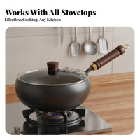 Hand Hammered Wok Wooden Handle Uncoated Iron Wok Deep Bowl Stir-Fry Pan Rust Resistant Large Stir Frying Pan Lightweight Design