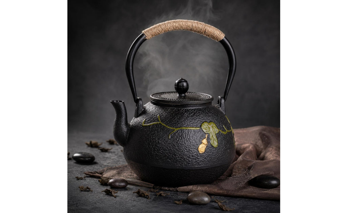 Cast Iron Teapot Vine-and-Leaf Detail Rope Handle Teapot Textured Lidded Kettle for Boiling Water