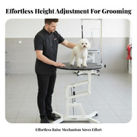 Hands-Effortless Foot Pedal Pneumatic Lift Grooming Table Non-Slip Tabletop Adjustable Pet Grooming Table Heavy-Duty Frame Easy to Clean for Professional Groomers, Veterinary Office, Home