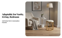 golden-hued Frame Upholstered Round Stool with Metal Legs Padded Seat Upholstered Vanity Stool Soft paddinged Top Household Furniture plush fabric Upholstery for Beauticians, Apartment Dwellers, residents, Makeup Room, Bedroom, Nail Salon, Entryway