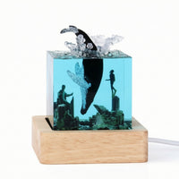 Aquatic Ocean Resin Lamp Ambient Night Light with Wood Base Transparent Lamp with Wood Base Decorative for Study