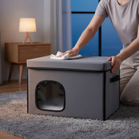 Light Gray Collapsible Pet House Transparent Panel Indoor Pet Shelter Padded Top Foldable Feline Shelter Textile-Covered