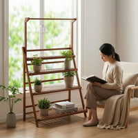 Ladder Plant Stand with Hanging Rod Indoor Plant Stand with Folding Design Wooden Stepped Flower Rack for Gardeners