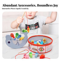 Develops Fine Movement Skills 3-in-1 Wooden Game Set Promotes Hand-Eye Coordination Lacing and Stacking Toy Water-Based Paint Wooden Aquatic Creature Lacing Beads Splinter-Splinterless Polished Edges for Preschoolers, Toddlers, Travel