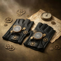 Gold-Tone Gear Details Steampunk Fingerless Gloves Compass Dial Black Leather Fingerless Gloves Textured Finish