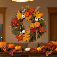 Artificial Fall Wreath with Pumpkins Full Maple Leaf Wreath with Pinecones Textured Farmhouse for Homeowners, Decorators, Entryway, Thanksgiving