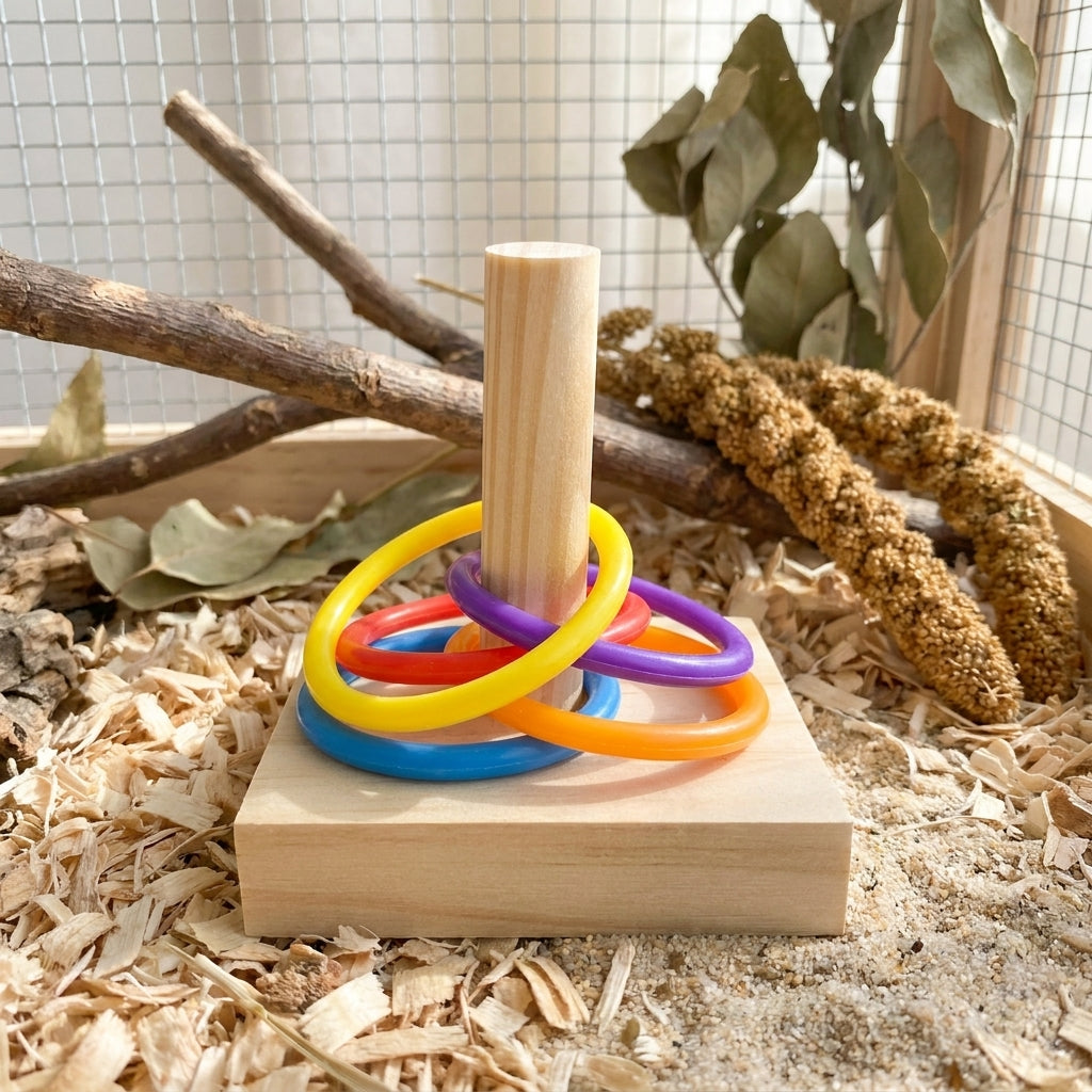 Parrot Toy Hoop Stacking Set, Wooden Bird Training Toy With Multicolored Rings, Freestanding Puzzle Toy For Small Parrot and Cockatiel Pet Bird