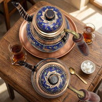 Handmade Copper Turkish Teapot Floral Scroll Design Decorative Copper Tea Pot Metallic-Finish Trim Turkish Style Teapot Wood-Textured Grip