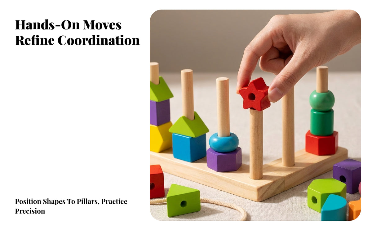 Fine Motor Sequencing Blocks | Early Learning Cognitive Play, Wooden Stacking Toy with Tray, Geometric Lacing Toy, for Home